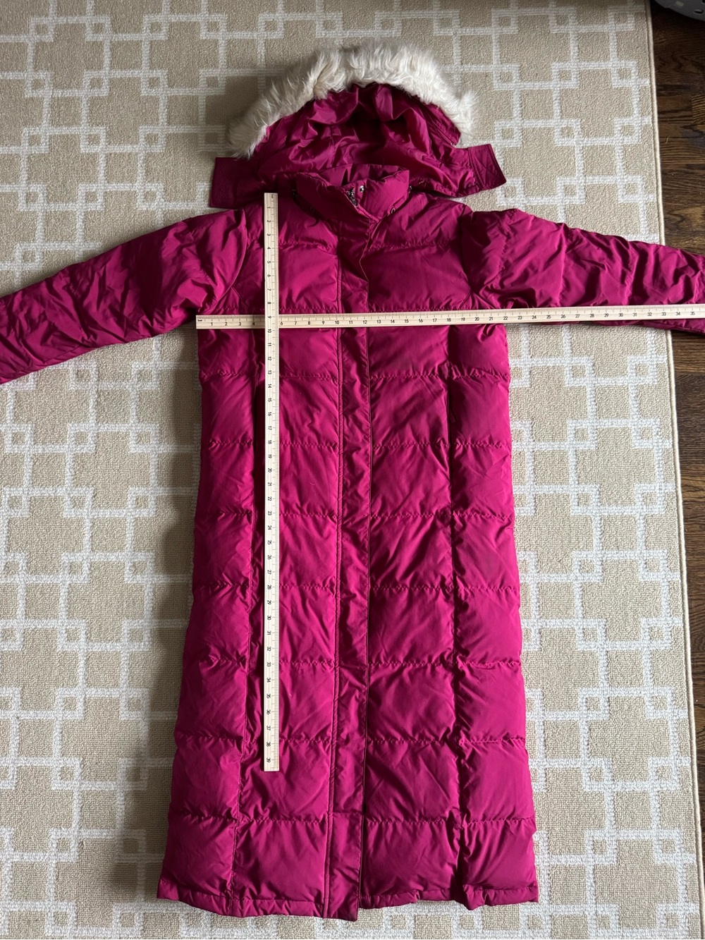 L.L. Bean Goose Down Full Length Puffer Coat Faux Fur Hood Magenta Pink M - Picture 6 of 8